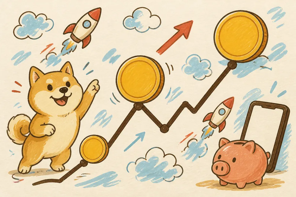 Three gold coin discs on a cream field with a hand-drawn chart line
