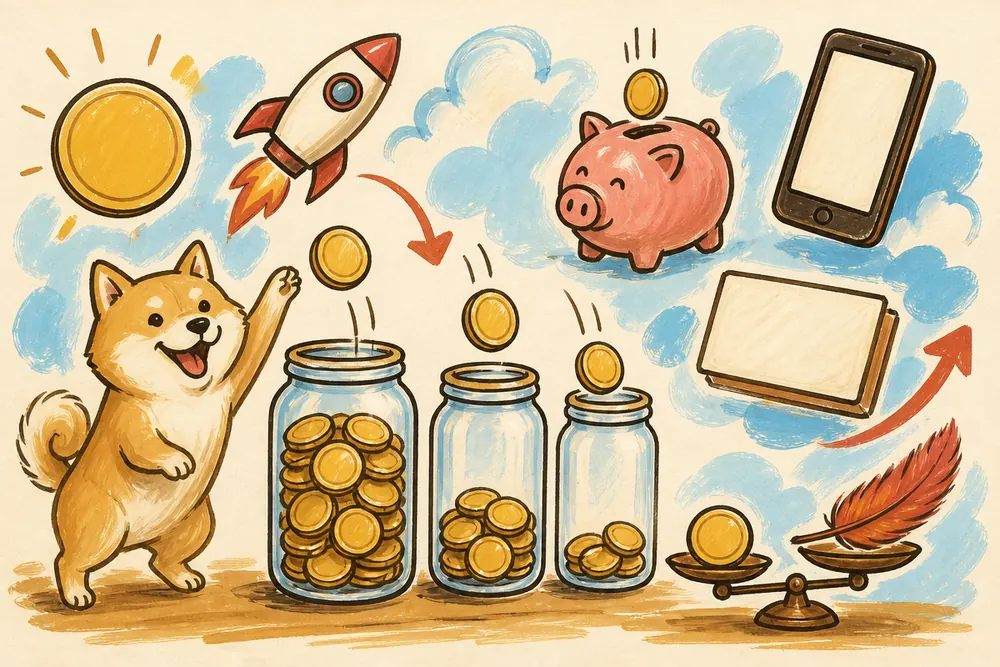 Three brush-drawn jars at different fill levels with coins dropping in