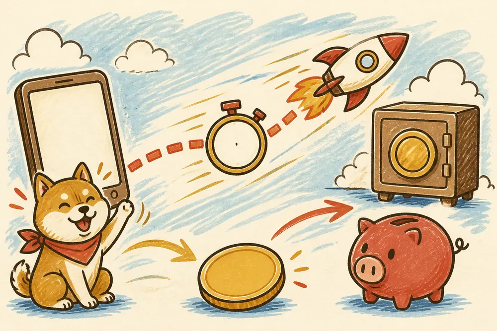 Marker rocket trailing a dashed line from a phone toward a small vault